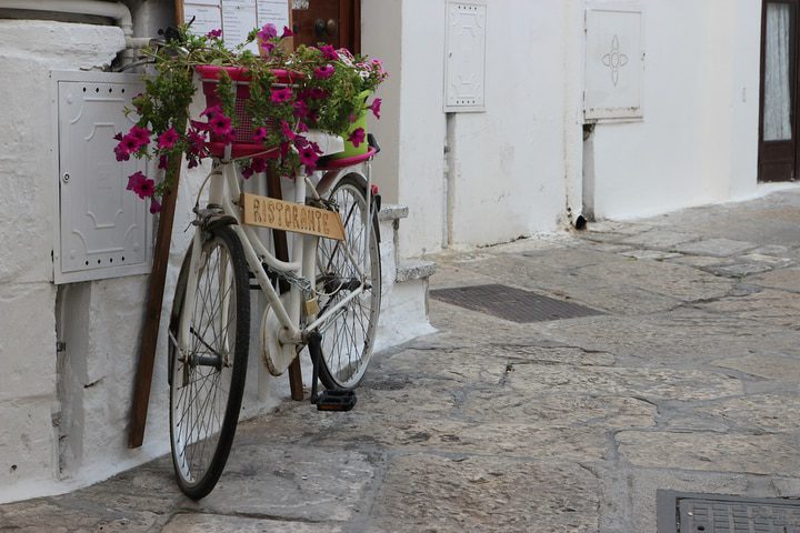 acento en la pared blanca con jardineras para bicicletas